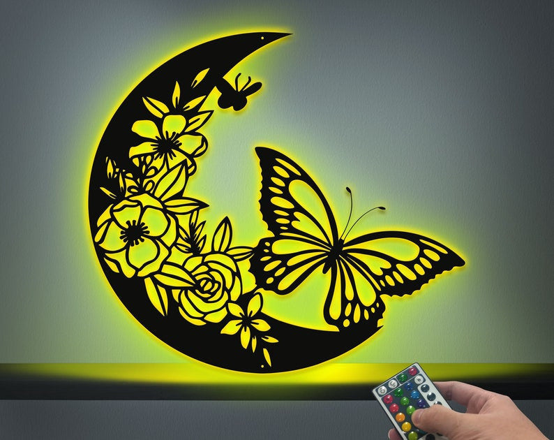 Butterfly Moon Metal Sign WITH LED/WITHOUT LED Lights, Living Room Sign, Floral Moon Sign Housewarming Gift, Gift For Lover Anniversary Gift House Decor