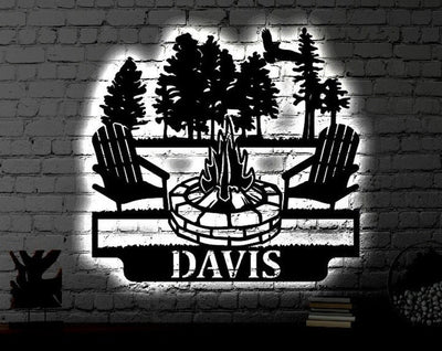 Personalized LED Campfire Family Name Metal Sign Light up Wall Art Gift Camping Wall Art Wedding Gift Metal LED Monogram Sign