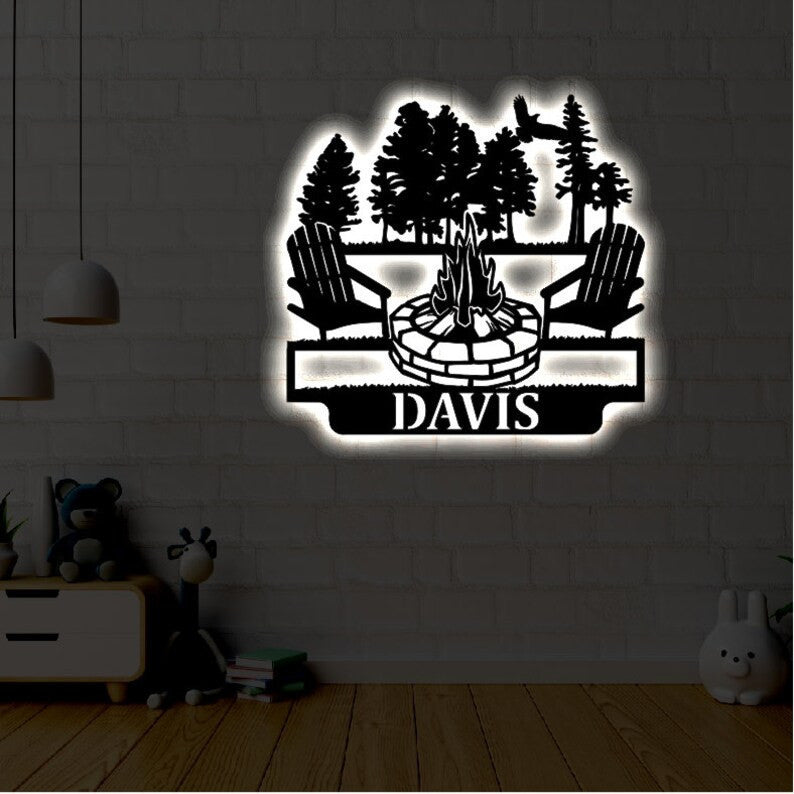 Personalized LED Campfire Family Name Metal Sign Light up Wall Art Gift Camping Wall Art Wedding Gift Metal LED Monogram Sign