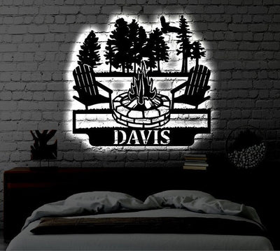 Personalized LED Campfire Family Name Metal Sign Light up Wall Art Gift Camping Wall Art Wedding Gift Metal LED Monogram Sign