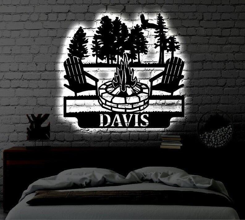 Personalized LED Campfire Family Name Metal Sign Light up Wall Art Gift Camping Wall Art Wedding Gift Metal LED Monogram Sign