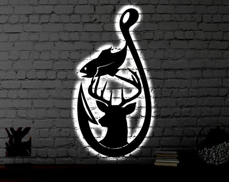 Hunting Fishing LED Metal Sign Light up Hunt & Fish Wall Art Housewarming Gift Wedding Gift Metal LED Hook Fish Hunt Sign