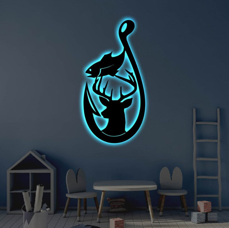 Hunting Fishing LED Metal Sign Light up Hunt & Fish Wall Art Housewarming Gift Wedding Gift Metal LED Hook Fish Hunt Sign
