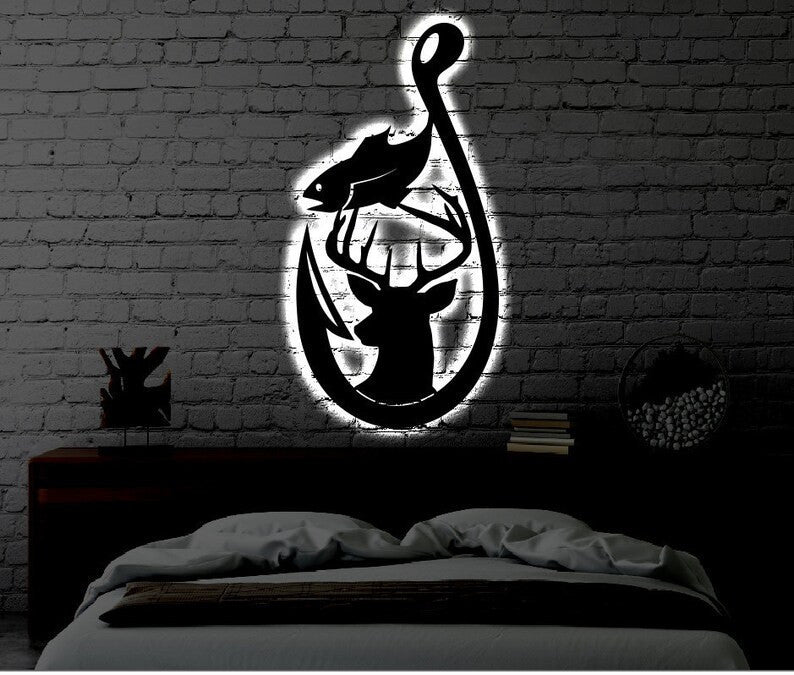 Hunting Fishing LED Metal Sign Light up Hunt & Fish Wall Art Housewarming Gift Wedding Gift Metal LED Hook Fish Hunt Sign