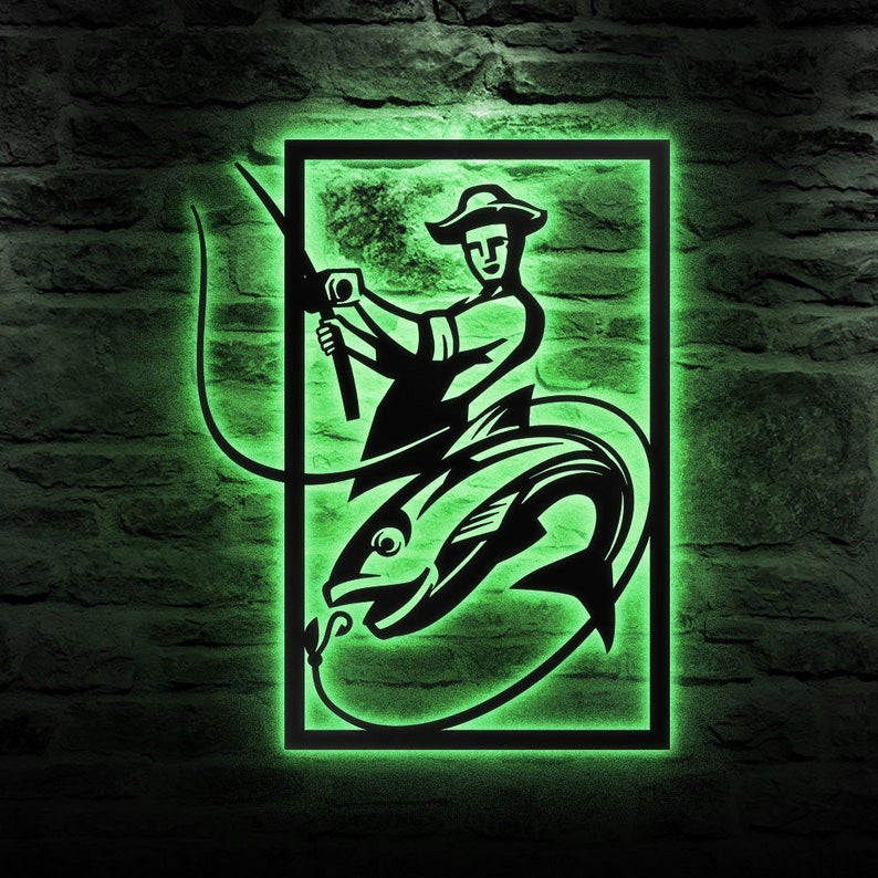 Fishing Metal Sign Fisher Metal Wall Art WITH LED/WITHOUT LED Lights Bass Fishing Metal Monogram