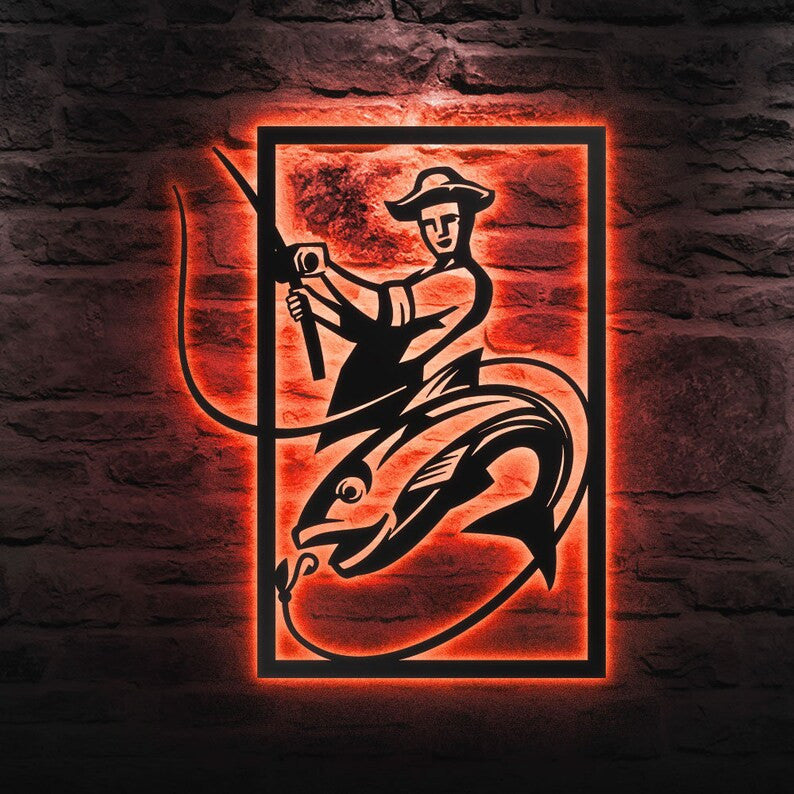 Fishing Metal Sign Fisher Metal Wall Art WITH LED/WITHOUT LED Lights Bass Fishing Metal Monogram