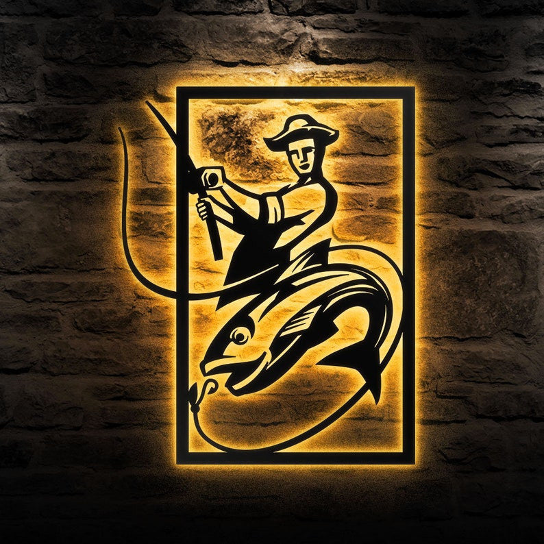 Fishing Metal Sign Fisher Metal Wall Art WITH LED/WITHOUT LED Lights Bass Fishing Metal Monogram