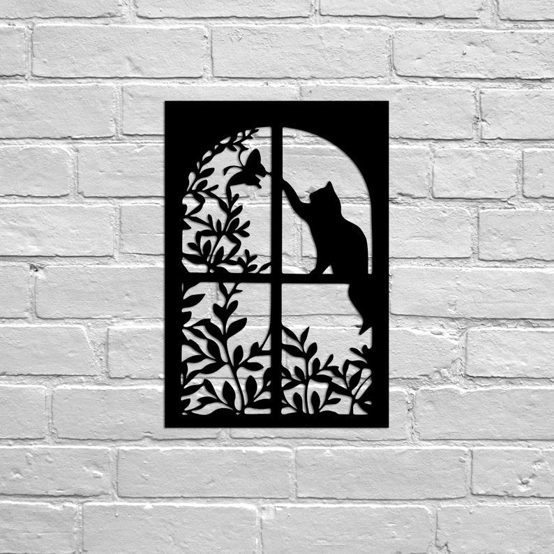Cat And Butterfly In Window Metal Wall Hanging Art Garden Decor Black Cat Metal Signs House Decor Gift For Cat Lover Wall Hanger