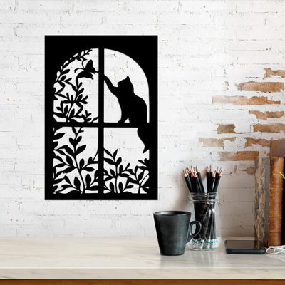 Cat And Butterfly In Window Metal Wall Hanging Art Garden Decor Black Cat Metal Signs House Decor Gift For Cat Lover Wall Hanger