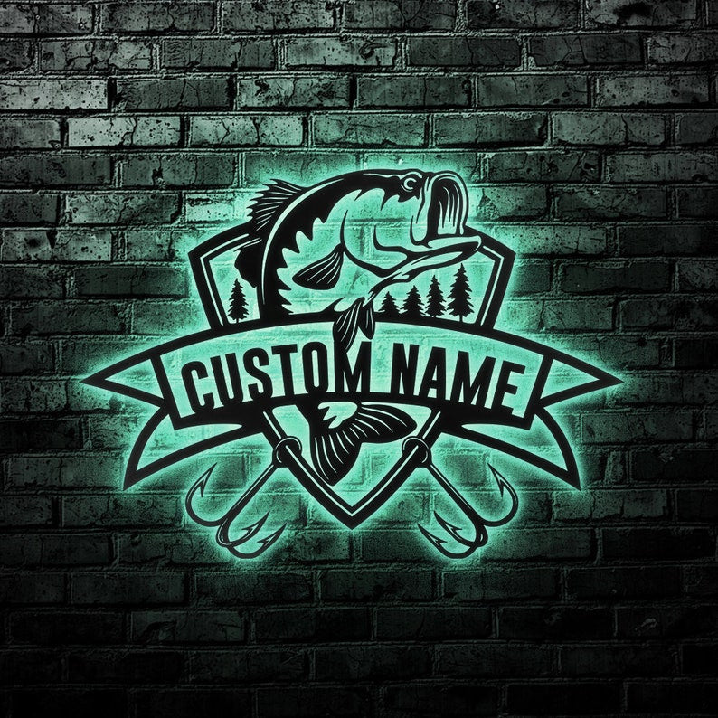 Custom Fishing Metal Wall Art Personalized Fishing Name Sign WITH LED/WITHOUT LED Lights Bass Fishing Metal Monogram