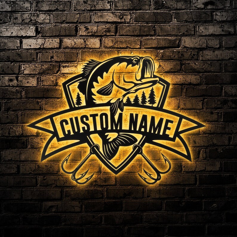 Custom Fishing Metal Wall Art Personalized Fishing Name Sign WITH LED/WITHOUT LED Lights Bass Fishing Metal Monogram