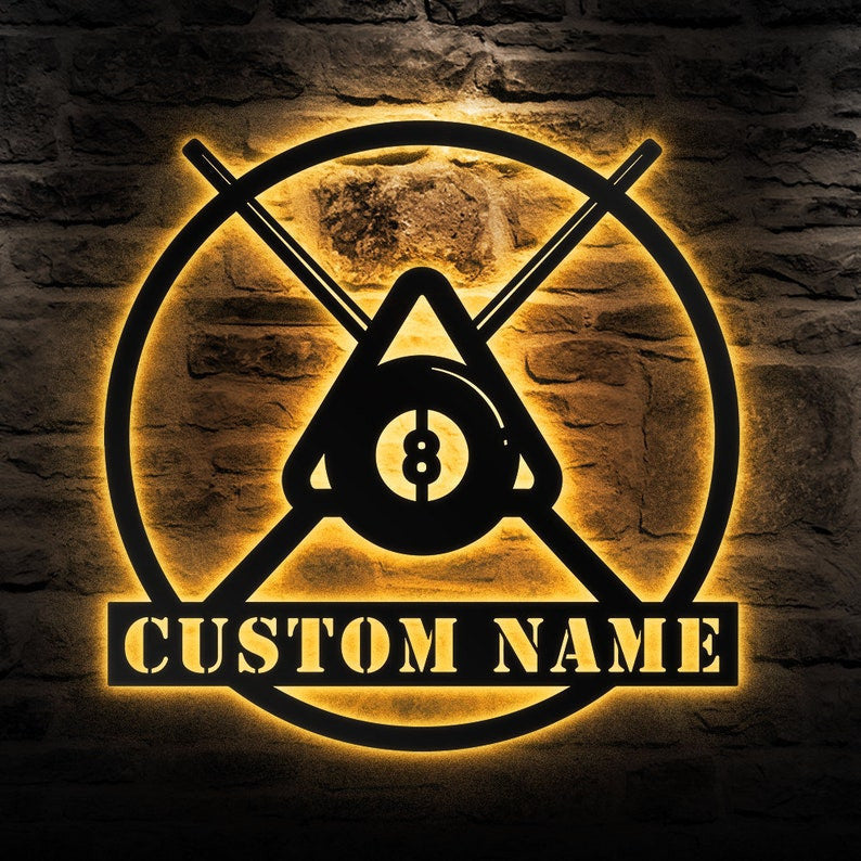 Custom Billiards Metal Wall Art Personalized Billiards Room Name Sign WITH LED/WITHOUT LED Lights Living Room Decor Pool Player Gift