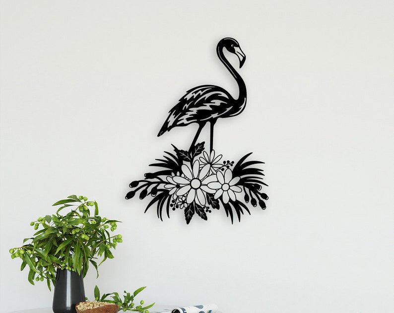 Floral Flamingo Metal Wall Art WITH LED/WITHOUT LEDs, Poolside Home Decor, Kids Room Decor, Flower Flamingo Decor, Outdoor Porch Decor, Natural Life