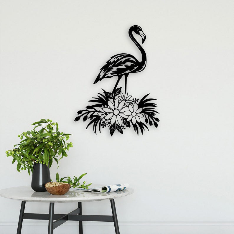 Floral Flamingo Metal Wall Art WITH LED/WITHOUT LEDs, Poolside Home Decor, Kids Room Decor, Flower Flamingo Decor, Outdoor Porch Decor, Natural Life