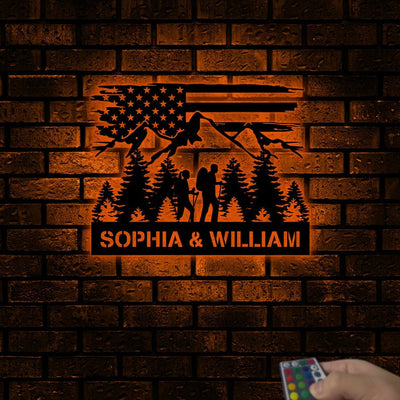 Personalized Couple Metal Sign WITH LED/WITHOUT LEDs Hiking Sign Hiking Couple Anniversary Gift Newly Engaged Gift Camping Lover American Flag