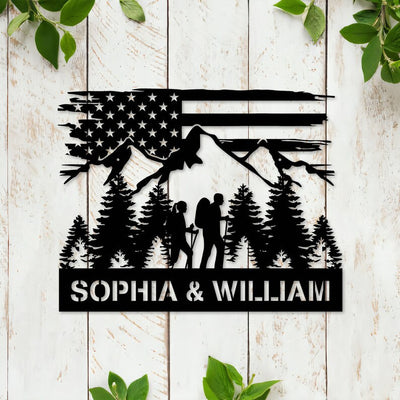 Personalized Couple Metal Sign WITH LED/WITHOUT LEDs Hiking Sign Hiking Couple Anniversary Gift Newly Engaged Gift Camping Lover American Flag
