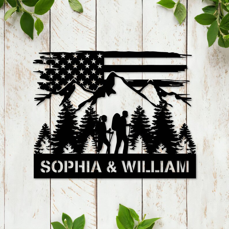 Personalized Couple Metal Sign WITH LED/WITHOUT LEDs Hiking Sign Hiking Couple Anniversary Gift Newly Engaged Gift Camping Lover American Flag