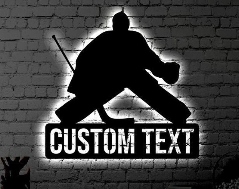 Personalized Hockey LED Metal Art Sign Light up Hockey Goalie Name Metal Sign Multi Color Hockey Art Metal Hockey Wall Art