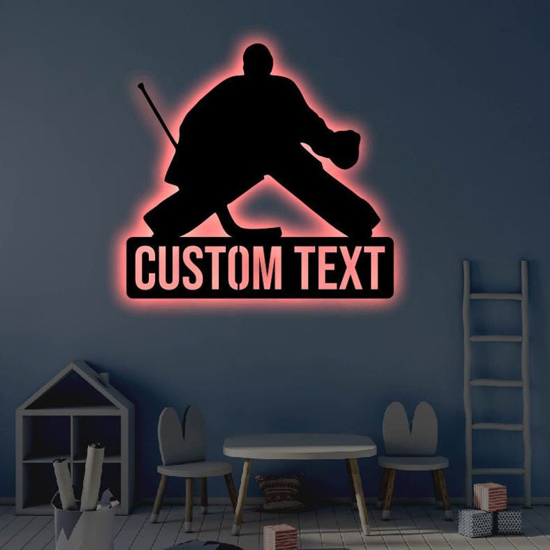 Personalized Hockey LED Metal Art Sign Light up Hockey Goalie Name Metal Sign Multi Color Hockey Art Metal Hockey Wall Art