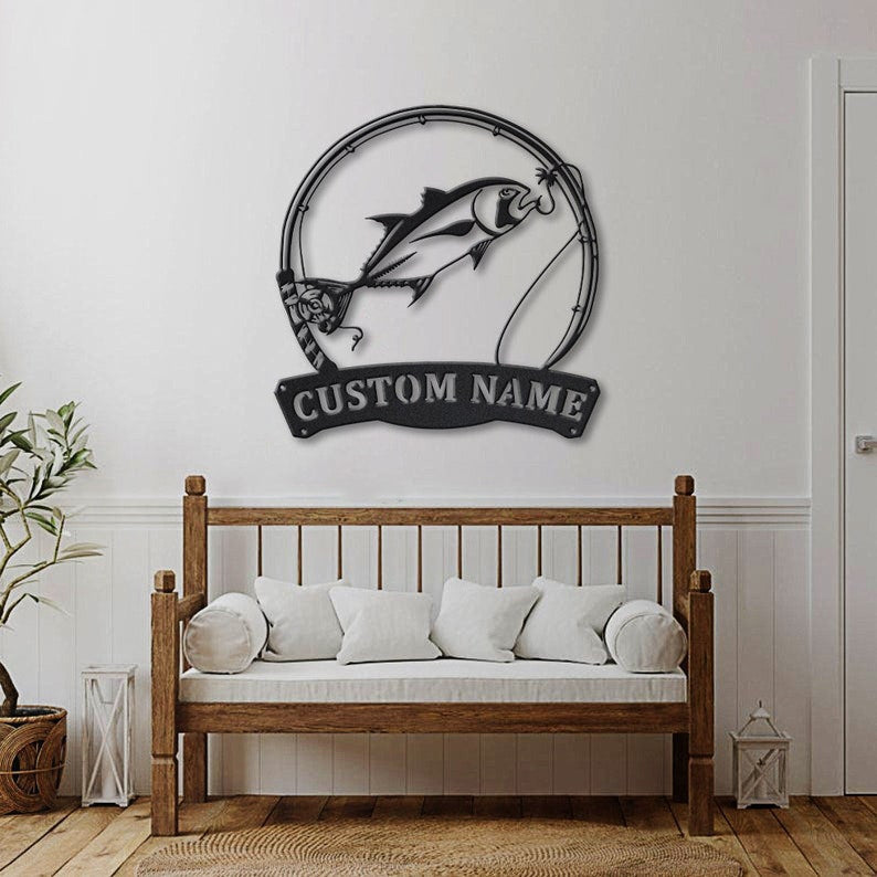 Personalized Giant Trevally Fishing Fish Pole Metal Sign Art Custom Giant Trevally Fishing Monogram Metal Sign Fishing Gifts