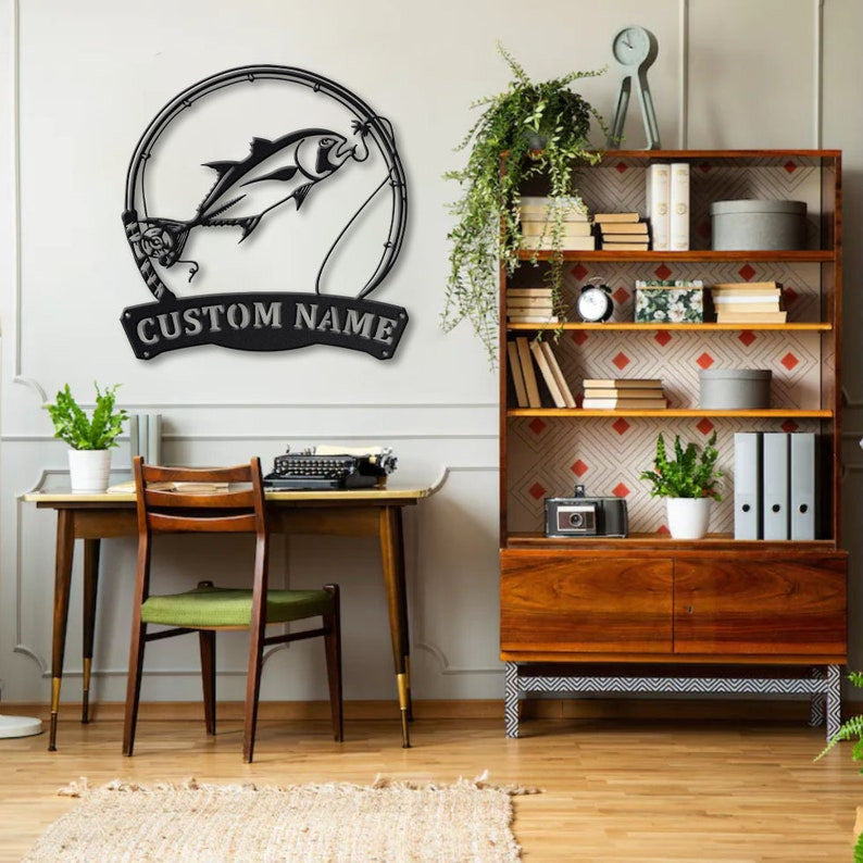 Personalized Giant Trevally Fishing Fish Pole Metal Sign Art Custom Giant Trevally Fishing Monogram Metal Sign Fishing Gifts