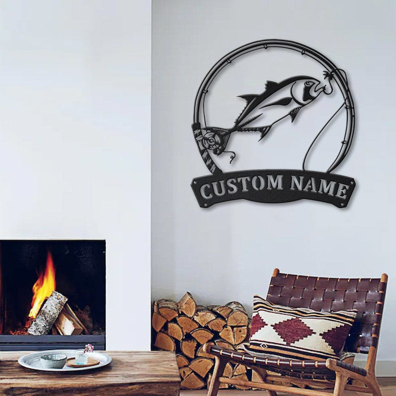 Personalized Giant Trevally Fishing Fish Pole Metal Sign Art Custom Giant Trevally Fishing Monogram Metal Sign Fishing Gifts