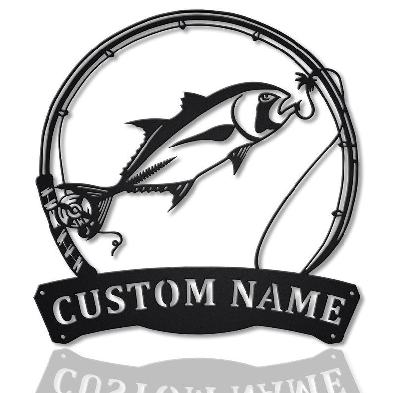 Personalized Giant Trevally Fishing Fish Pole Metal Sign Art Custom Giant Trevally Fishing Monogram Metal Sign Fishing Gifts
