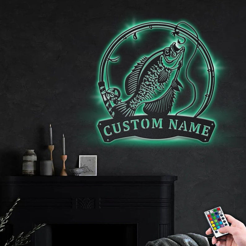 Personalized Black Crappie Fishing Fish Pole Monogram Metal Sign WITH LED/WITHOUT LED Lights Custom Black Crappie Fishing Metal Sign Hobbie Gifts
