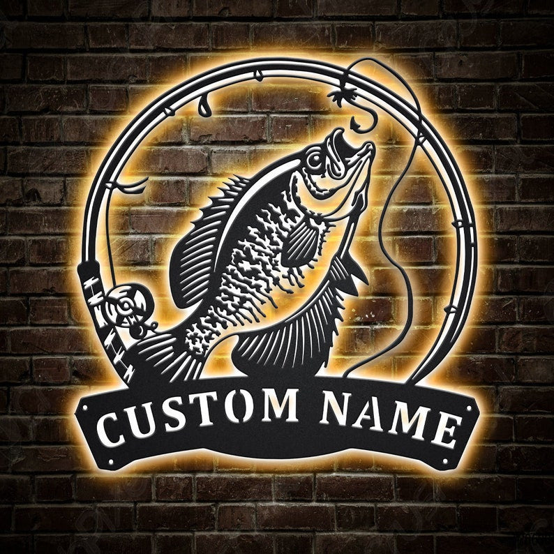 Personalized Black Crappie Fishing Fish Pole Monogram Metal Sign WITH LED/WITHOUT LED Lights Custom Black Crappie Fishing Metal Sign Hobbie Gifts
