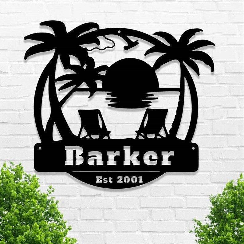 Custom Beach Metal Sign WITH LED/WITHOUT LED Lights Beach Metal Wall Art Personalized Palm Trees Name Sign Family Beach House Decor Beach Lover Gift