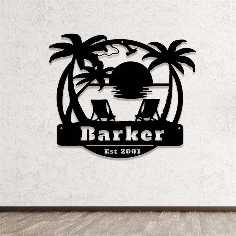 Custom Beach Metal Sign WITH LED/WITHOUT LED Lights Beach Metal Wall Art Personalized Palm Trees Name Sign Family Beach House Decor Beach Lover Gift