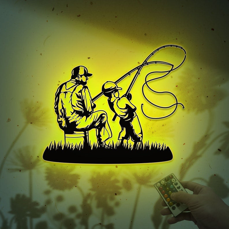 Father and Son Fishing Metal Wall Art WITH LED/WITHOUT LEDs, Father's Day Gift, Gift For Dad From Son, Gift For Step Dad, Bonus Dad, Fishing Trip Sign