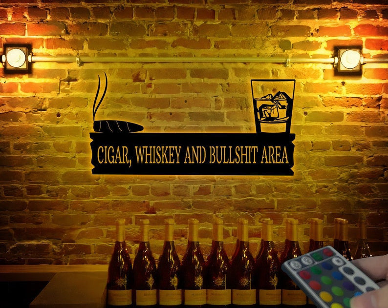 Led Lights Cigar, Whiskey And Bullshit Area Metal Sign, Cigar Lover Gift, Man Cave Decor, Gift for Man, Father's Day Gift, Metal Wall Art
