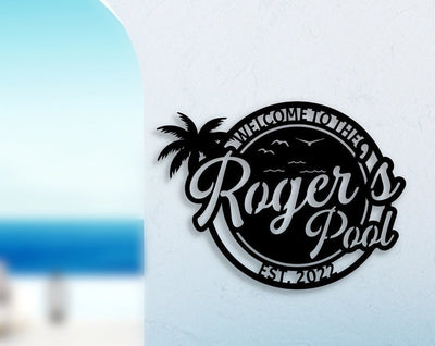 Personalized Pool Metal Sign - Backyard Decor - Patio Decor - Poolside Gift - Welcome To The Pool - Custom Family Name Sign - Palm Tree Sign