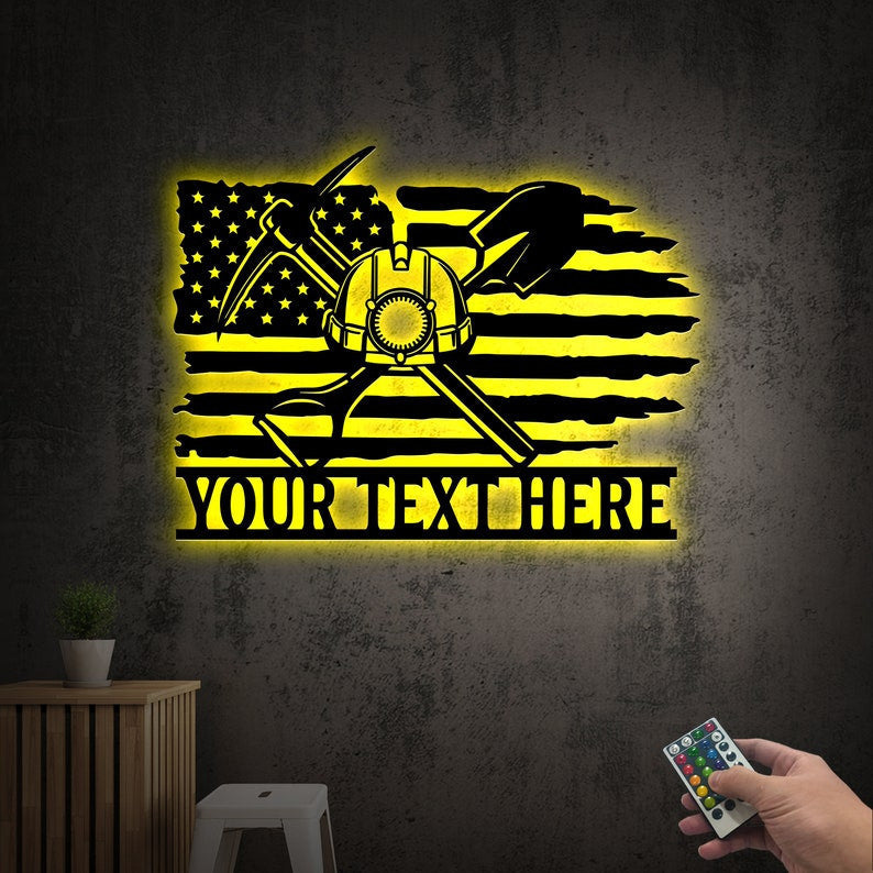 Personalized US Flag Coal Miner Metal Wall Art WITH LED/WITHOUT LEDs, Custom Miner Name Sign, Father's Day, Mancave Decor, Coal Miner Gift Mining Sign