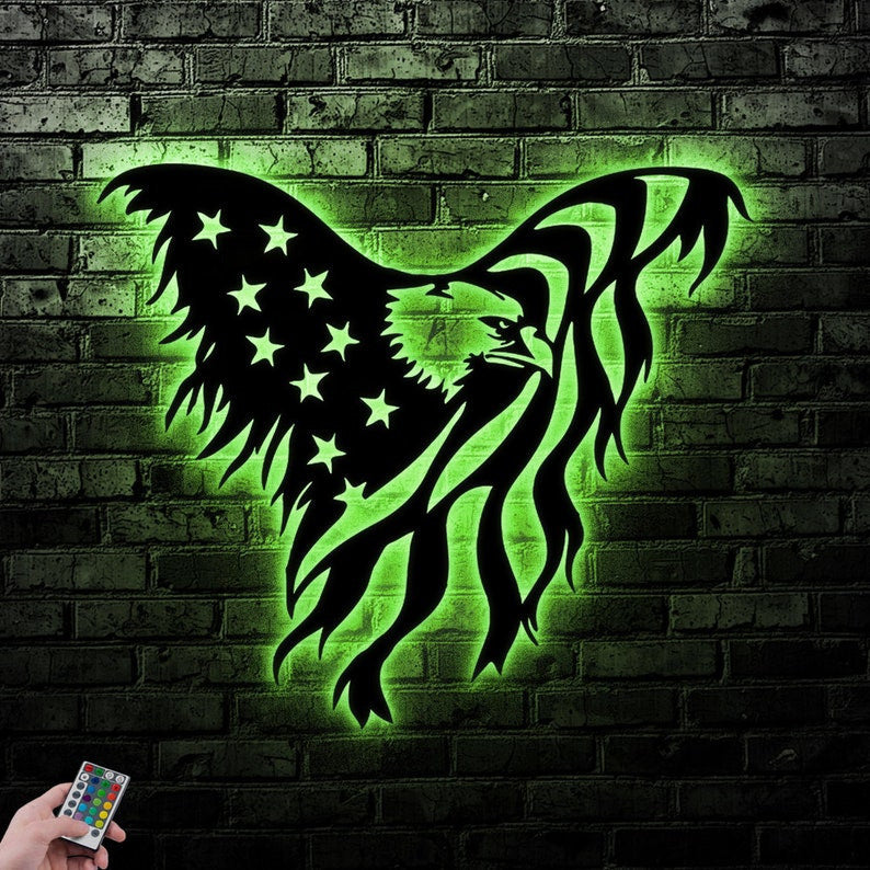 Eagle America Flag Family Sign Metal Wall Art WITH LED/WITHOUT LED Lights Family Name Sign Metal Wall Decor Housewarming Gift