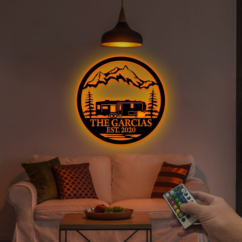 Personalized 5th Wheel Camper Metal Sign WITH LED/WITHOUT LED Light Custom Camping Family Name Metal Art Campsite Decor Camper Gift Happy Campers