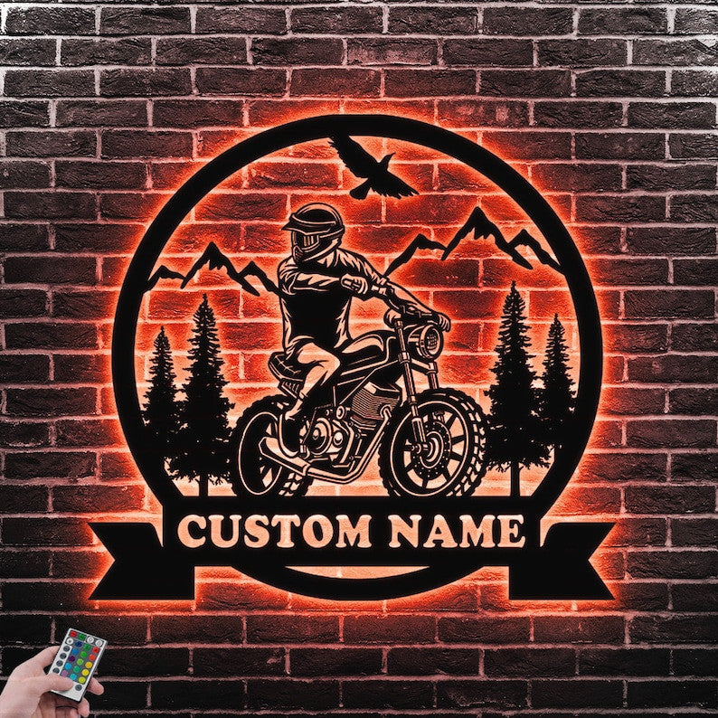 Motobike Biker Custom Name Metal Sign Wall Art WITH LED/WITHOUT LED Lights Personalized Family Name Sign Metal Wall Decor Housewarming Gift