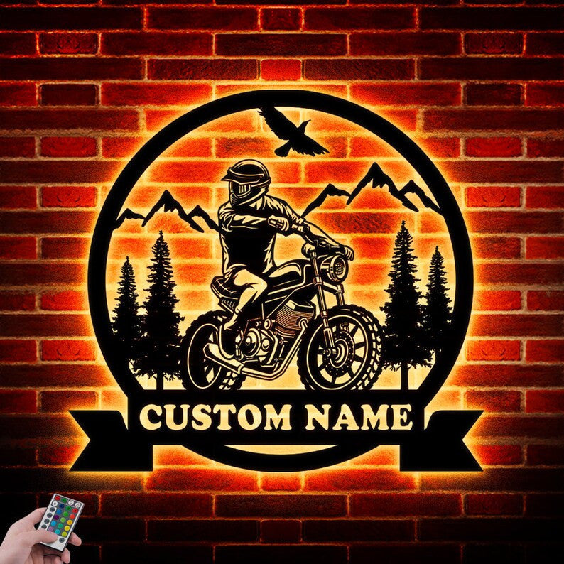 Motobike Biker Custom Name Metal Sign Wall Art WITH LED/WITHOUT LED Lights Personalized Family Name Sign Metal Wall Decor Housewarming Gift
