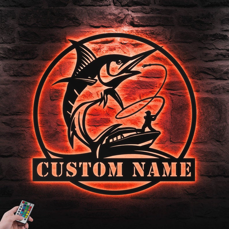 Custom Fishing Metal Sign Personalized Fishing Name Sign WITH LED/WITHOUT LED Lights Bass Fishing Metal Monogram