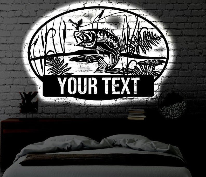 Personalized LED Fishing Metal Sign Light up Wall Art Fish Gift Metal Wall Art Fishing Wedding Gift Metal LED Monogram Sign