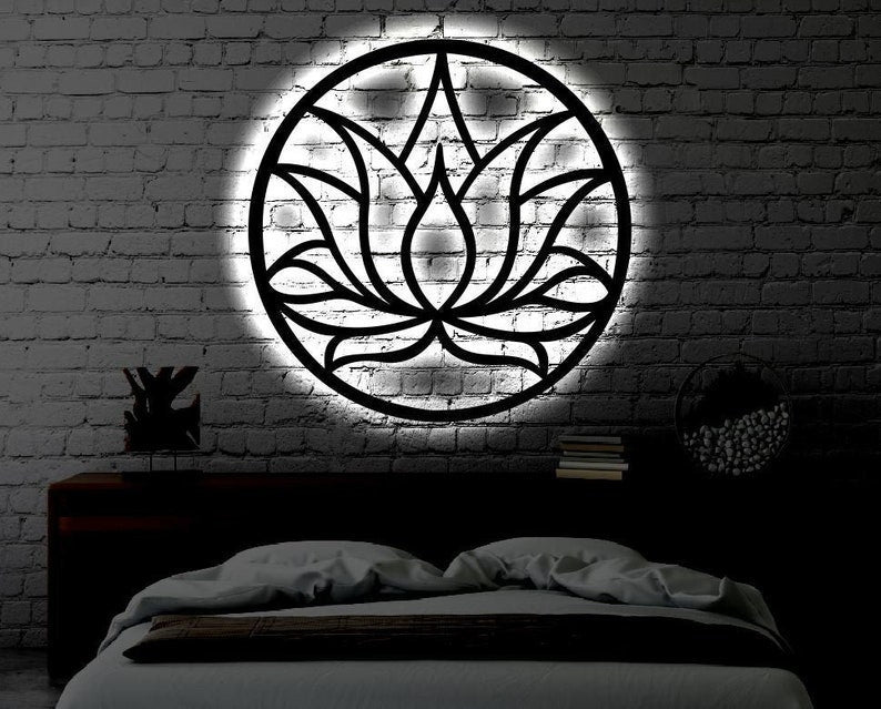 Lotus LED Metal Art Sign Light up Lotus Flower Metal Sign Multi Colors Yoga Sign Metal Lotus Flower Home Decor LED Wall Art Gift