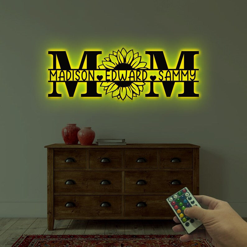 Personalized Mom Metal Wall Art WITH LED/WITHOUT LED light Sunflower Mom Sign With Custom Kids Name Mother's Day Birthday Gift For Mother Mommy Mum