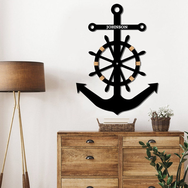 Personalized United States Navy Metal Wall Anchor & Ship Wheel Sign Military Gift Father's Day Gift Navy Emblem Sign Anchor Metal Sign