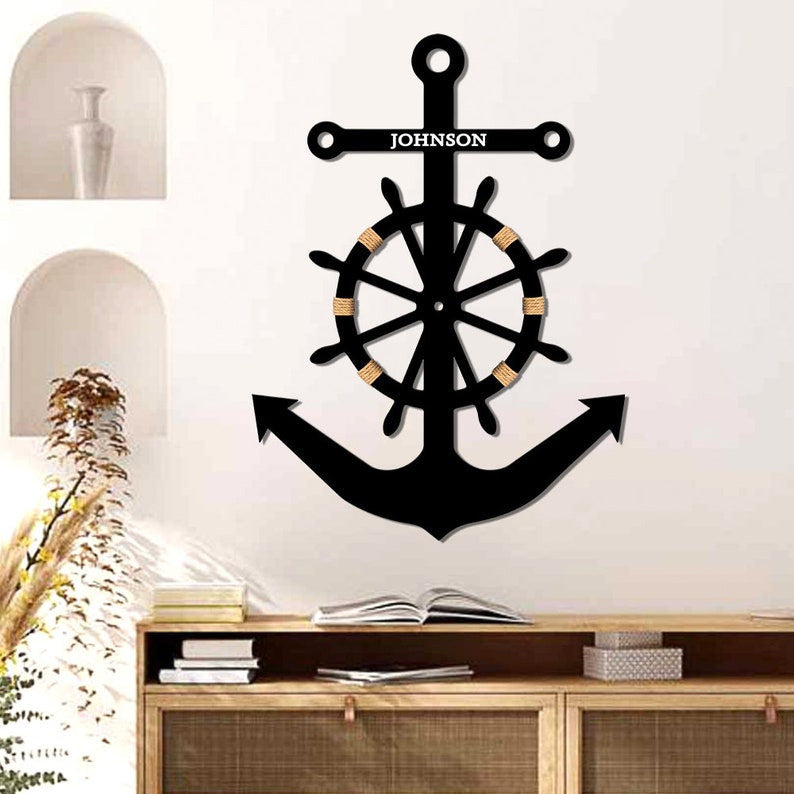 Personalized United States Navy Metal Wall Anchor & Ship Wheel Sign Military Gift Father's Day Gift Navy Emblem Sign Anchor Metal Sign
