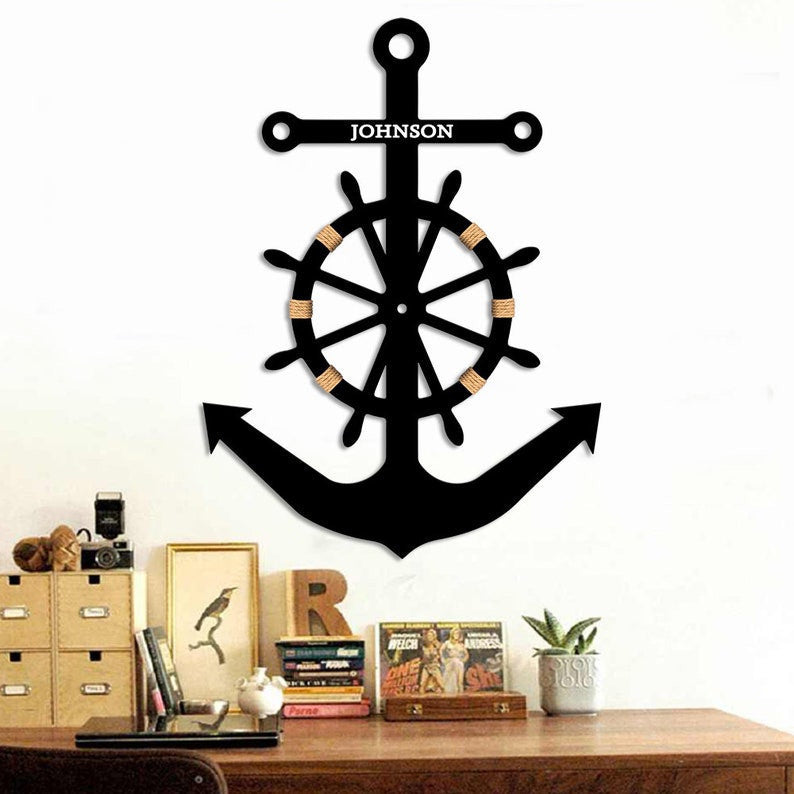 Personalized United States Navy Metal Wall Anchor & Ship Wheel Sign Military Gift Father's Day Gift Navy Emblem Sign Anchor Metal Sign
