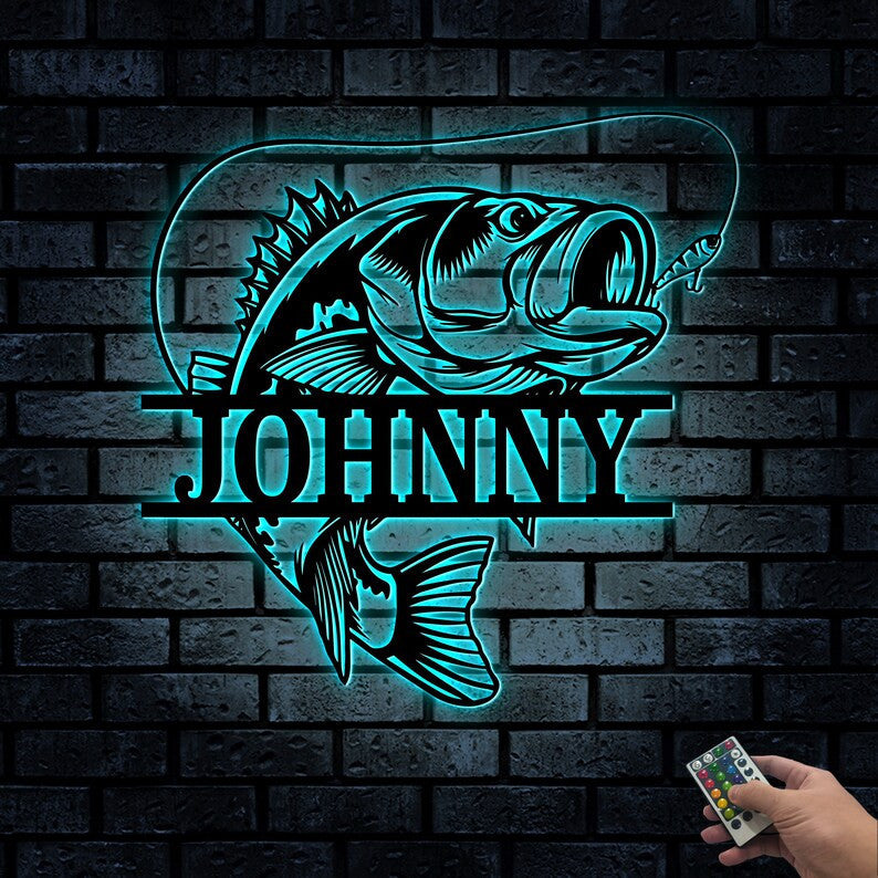 Personalized Bass Fishing Monogram Metal Sign WITH LED/WITHOUT LED Lights Custom Fishing Metal Wall Art Father's Day Gift Husband Dad Father Gift