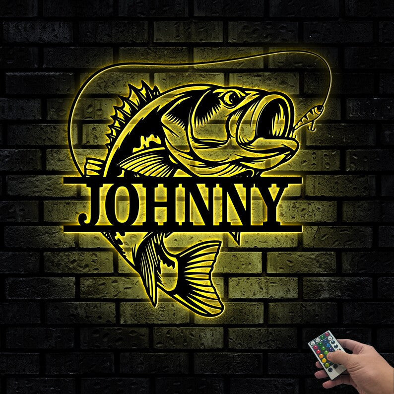 Personalized Bass Fishing Monogram Metal Sign WITH LED/WITHOUT LED Lights Custom Fishing Metal Wall Art Father's Day Gift Husband Dad Father Gift