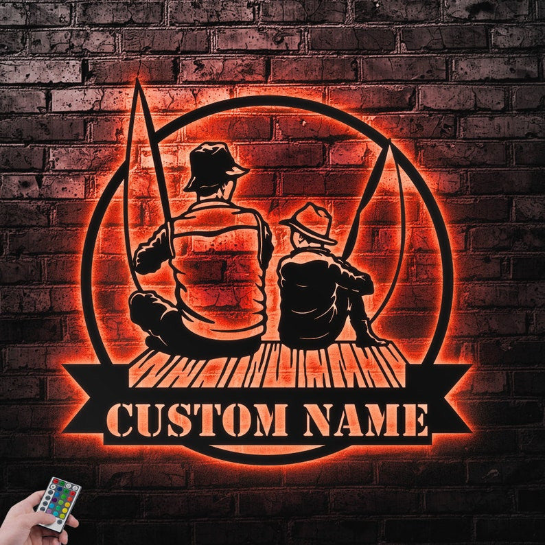Custom Fishing Father And Son Metal Wall Art Personalized Fishing Name Sign WITH LED/WITHOUT LED Lights Bass Fishing Metal Monogram