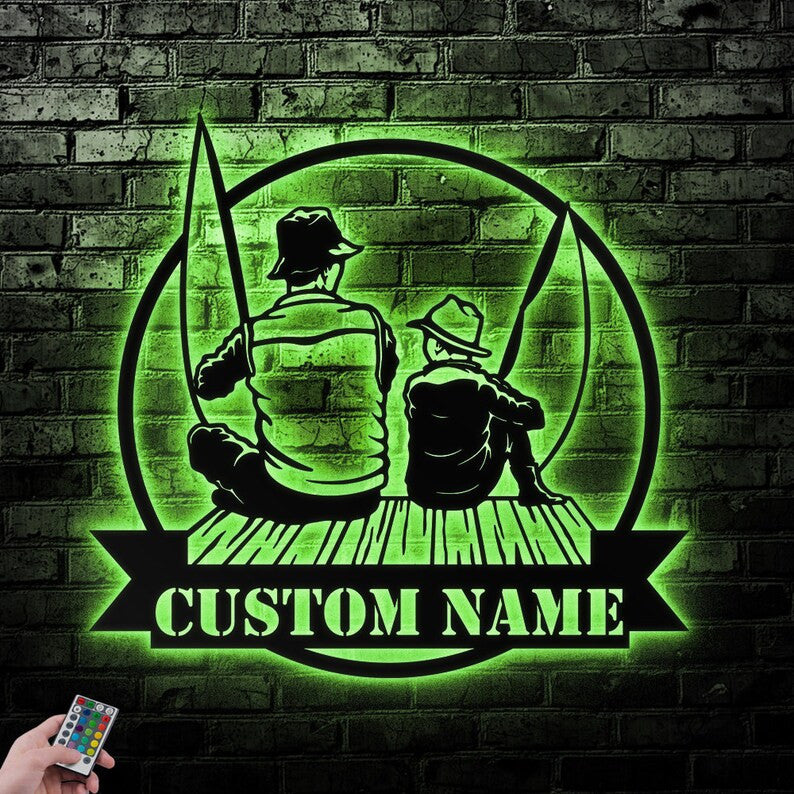 Custom Fishing Father And Son Metal Wall Art Personalized Fishing Name Sign WITH LED/WITHOUT LED Lights Bass Fishing Metal Monogram